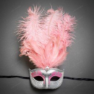 Venetian Glitter Crystal Masquerade Party Mask with Feather - Silver Pink